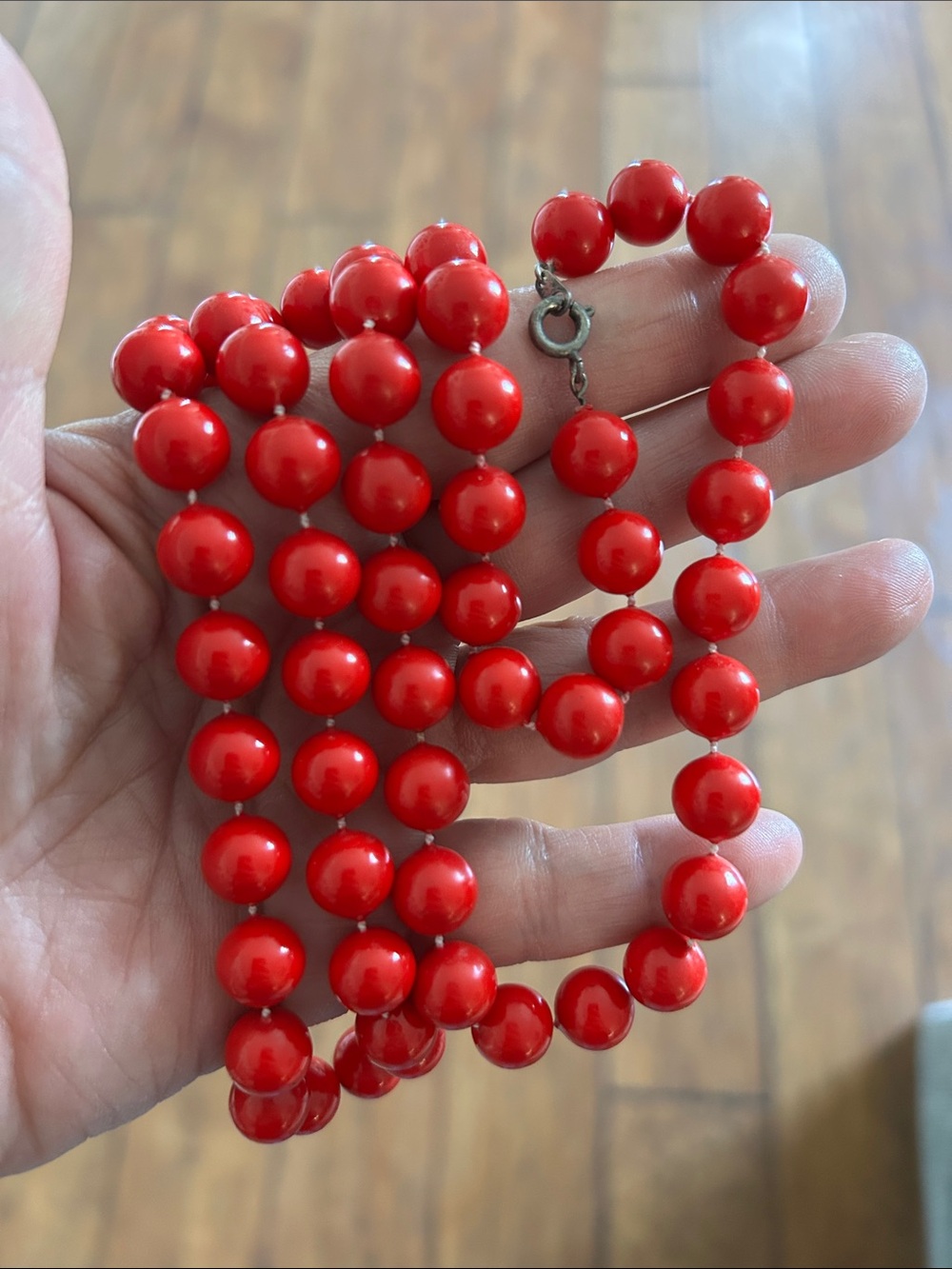 Red acrylic beaded necklace with C clasp classic beauty wardrobe staple